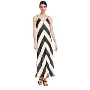 Christopher John Roberts Black White Chevron Slip Maxi Dress NEW